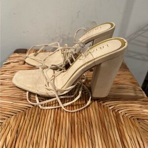 Chic Beige Lace-Up Block Heel Sandals Size 7.5